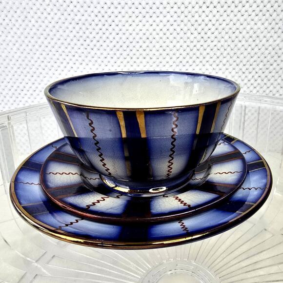 3 pc Gaudy Welsh Flow Blue Wagon Wheel  8" Plate 5" Bowl 6" Saucer Antique 1800s - Picture 1 of 10
